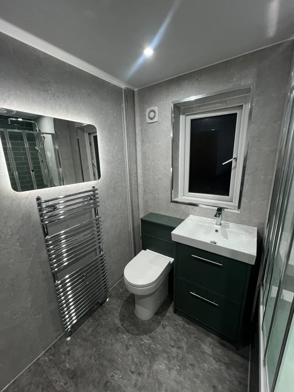 Green vanity and toilet with a mirrored wall cabinet
